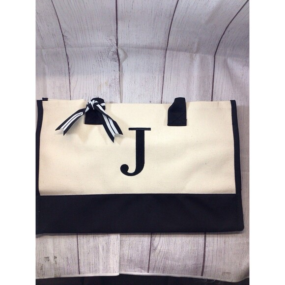 NEW Monogrammed Letter J Black/Creme Canvas Tote Bag Zipper Top Design Brand - Picture 3 of 8
